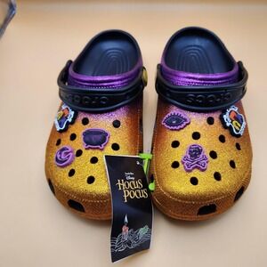 Crocs Classic Disney Hocus Pocus Clog Shoes Womens Size 8 Gold Glitter‎ Jibbitz